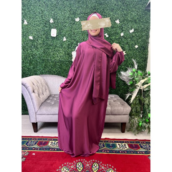 Satin burgundy prayer dress with integrated hijab